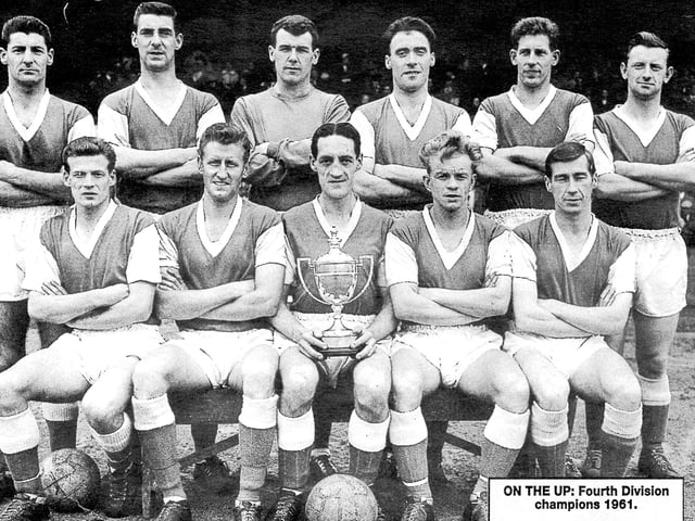 7-1 v Aldershot (home), Division Four, 1961.  Three weeks after the 7-1 rout of Exeter, Dennis Emery and Ray Smith bagged hat-tricks with Bly claiming his customary goal in this massive win. The title winning 1960-61 team is pictured..