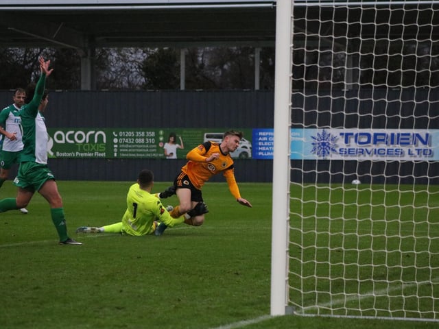 Jordan Thewlis is tripped but the flag was up. Photo: Oliver Atkin