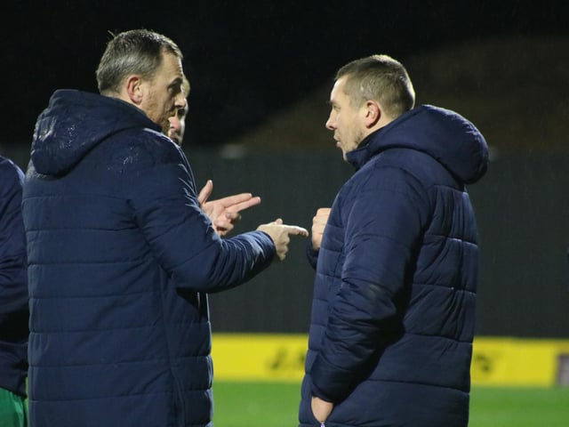 Craig Elliott and Anthony Johnson is discussion at full time. Photo: Oliver Atkin