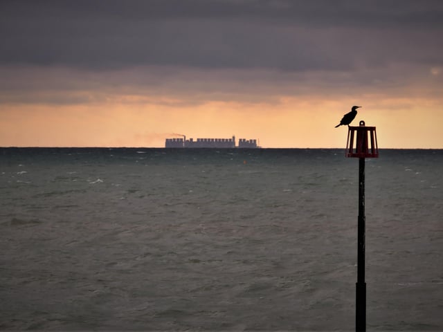 The Cormorant and Castle - a new pub for Eastbourne? So suggest Geoff and Janet Scott, who say they have no idea what the ship on the horizon is carrying! SUS-201215-104354001
