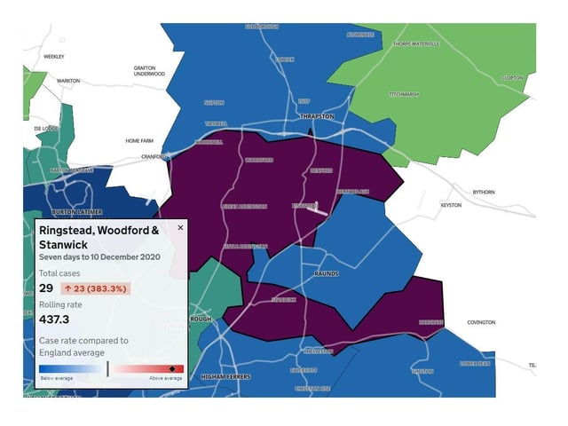 Ringstead, Woodford & Stanwick — 29 new cases in seven days to December 10 — up by 23 from previous week (383.3%) — rolling rate 437.3