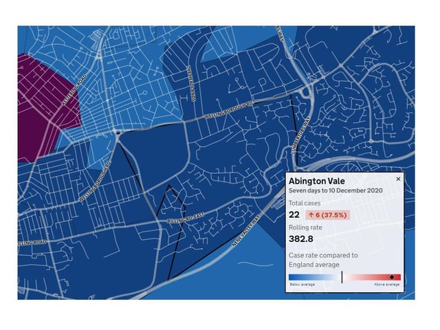 Abington Vale — 22 new cases in seven days to December 10 — up by six from previous week (37.5%) — rolling rate 382.8