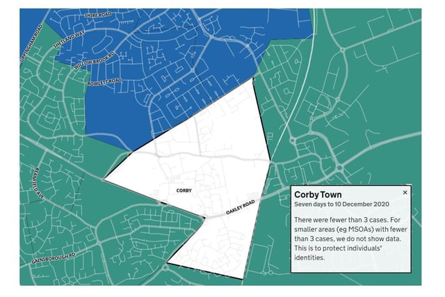 Corby Town — fewer than three new cases in seven days to December 10. For smaller areas with fewer than 3 cases, data is not shown to protect individuals' identities