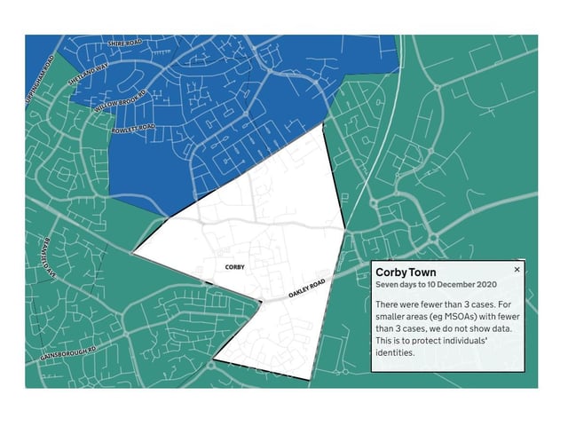 Corby Town — fewer than three new cases in seven days to December 10. For smaller areas with fewer than 3 cases, data is not shown to protect individuals' identities