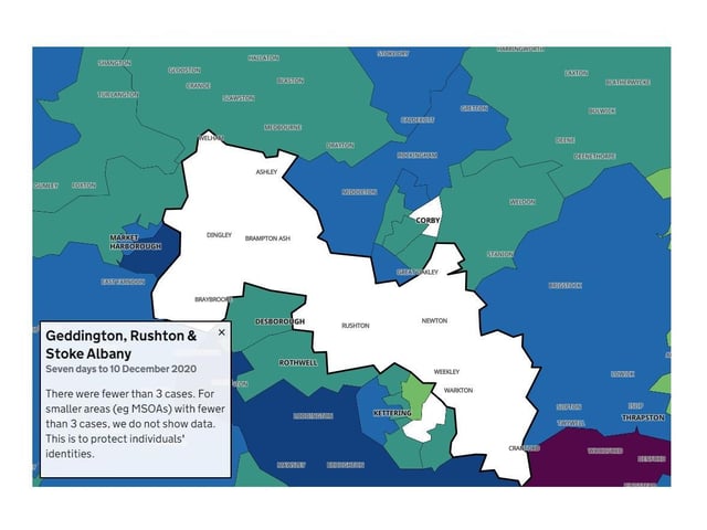 Geddington, Rushton & Stoke Albany — fewer than three new cases in seven days to December 10. For smaller areas with fewer than 3 cases, data is not shown to protect individuals' identities