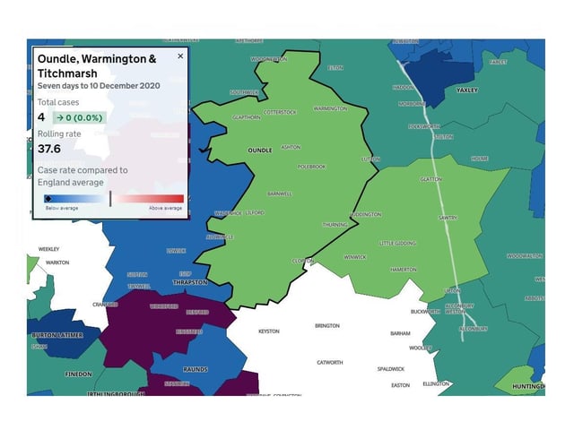 Oundle, Warmington & Titchmarsh — four new cases during seven days to December 10 — unchanged from previous week — rolling rate 37.6