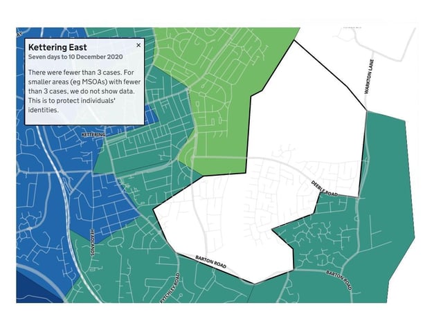 Kettering East — fewer than three new cases in seven days to December 10. For smaller areas with fewer than 3 cases, data is not shown to protect individuals' identities