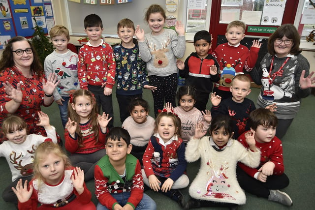 Year 1 pupils at Dogsthorpe Infants School celebrating Christmas Jumper Day.
