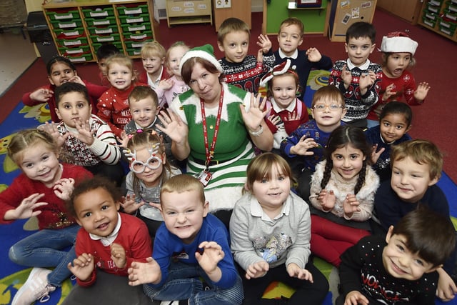 Year 1 pupils  at Dogsthorpe Infants School celebrating Christmas Jumper Day.