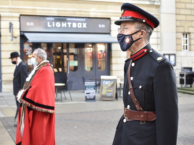 Christmas Civic wreath laying ceremony at the Bridge Street war memorial. Deputy Lieutenant Neil McKittrick attending EMN-201217-144223009