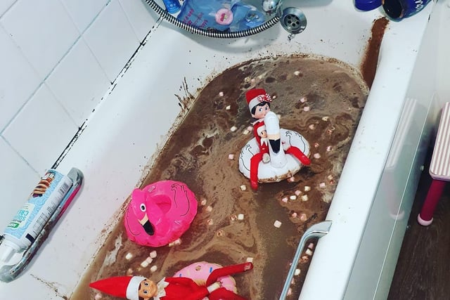 The clean-up job for this one may put some people off, but it looks like the elves at Sarah-jane Hackett's Worthing home are enjoying their hot chocolate bath...
