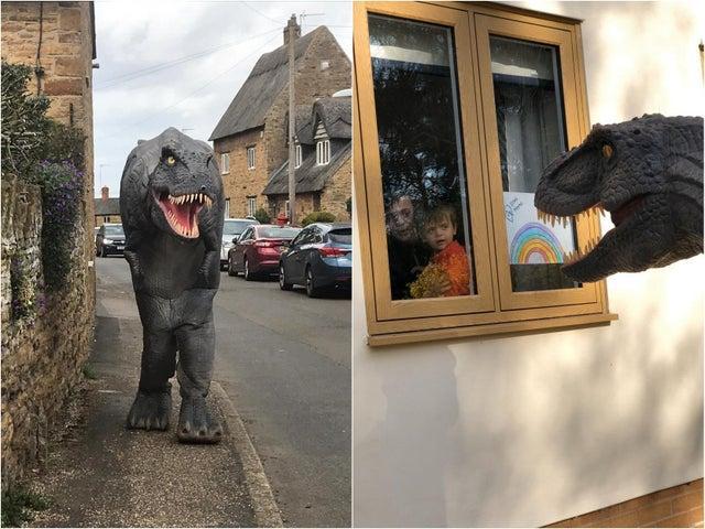 There’s not many people who have a five-metre long T-Rex costume gathering dust in their garage, but when lockdown hit and children were stuck inside, often bored, Darren Smith decided to use his one walk a day to make children in the village of Boughton smile.
The dinosaur waved at kids through their window and generally brightened up their day.
Reggie the T-Rex became somewhat of a hit online and Darren was receiving requests to visit areas all over Northampton.
Once restrictions were lifted slightly in the summer, Darren hired a van and visited five different neighbourhoods to spread some joy a bit further afield.