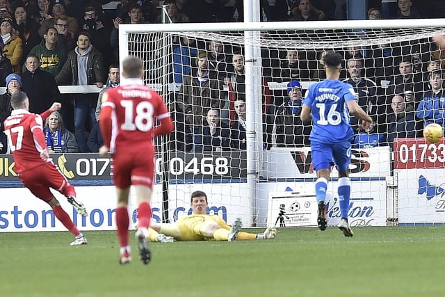2018-19: v Barnsley (away, lost 0-2), v Accrington (away, won 4-0) v Scunthorpe (home, lost 0-2). Promotion-bound Barnsley were too strong on Boxing Day, although Posh were hampered by some eccentric refereeing from Carl Boyeson. Ivan Toney’s hat-trick at Accrington delivered some rare Christmas joy for Steve Evans’ side, but they promptly played appallingly and lost at home to struggling Scunthorpe a few days later. One of the Scunthorpe goals is pictured.