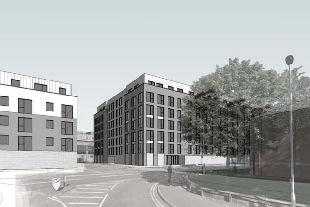 The proposed view from Auctioneers Way showing how the blocks could look both to the north and south of Navigation Row.