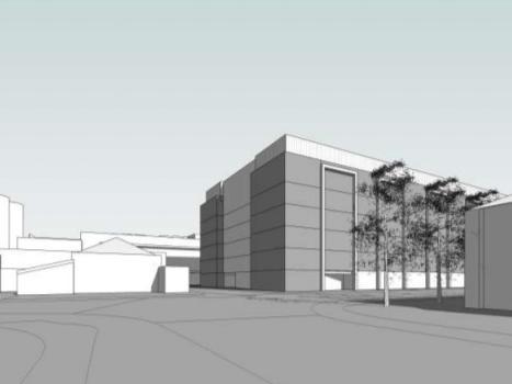 The proposed massing on corner of Navigation Row and Cattle Market Road.