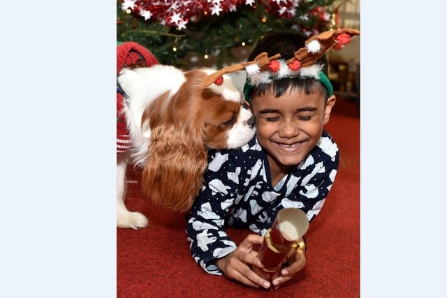 Riaz Islam shares a Christmas cracker with therapy dog Eddie the Edster.