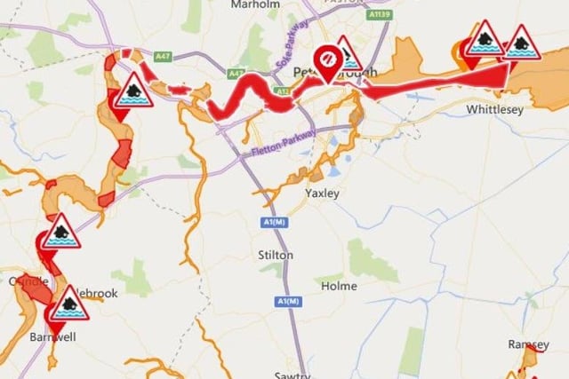 The Environment Agency map showing Flood Alerts in the Peterborough area.