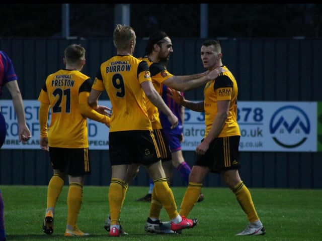 Joe Leesley celebrates his opener. Photo: Oliver Atkin