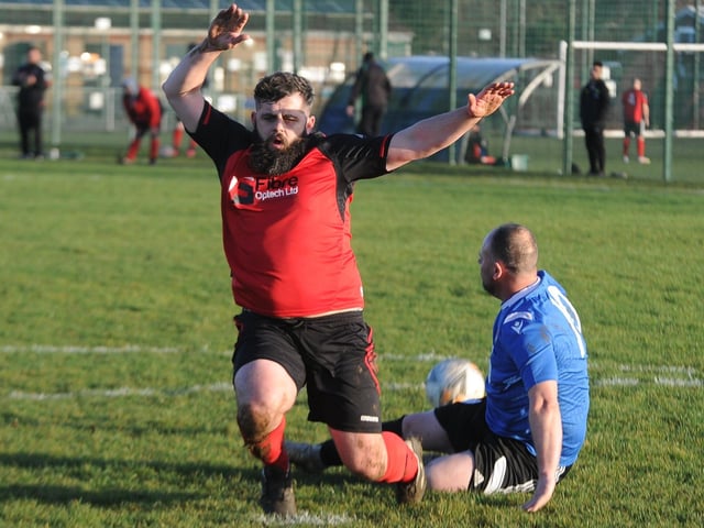 Iszaak Setchfield of Netherton United A takes a theatrical tumble in a Peterborough League Division Four game against Orton Rangers Reserves.