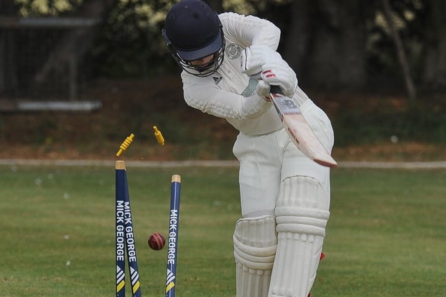 Josh Smith of Market Deeping is bowled first ball of the game in a Lincs Premier Division contest against Lindum.