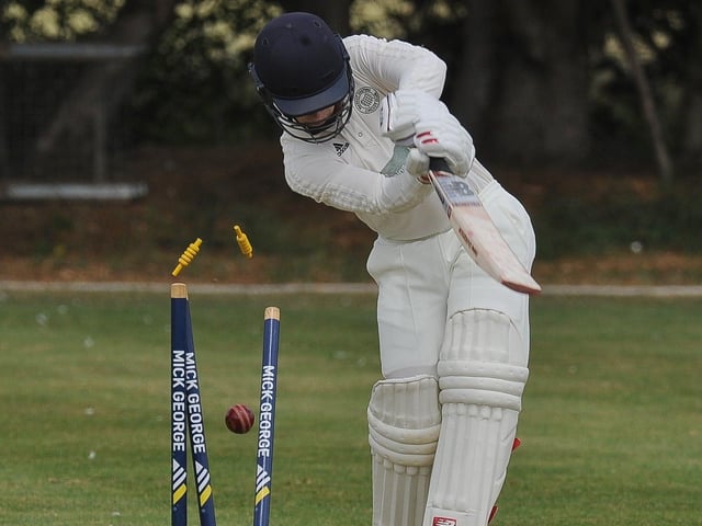 Josh Smith of Market Deeping is bowled first ball of the game in a Lincs Premier Division contest against Lindum.