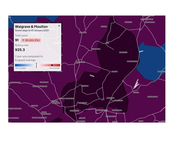 Walgrave & Moulton — 91 new cases in seven days to January 1, 2021, which is 35 more than the previous week, an increase of 62.5 per cent.