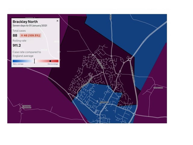 Brackley North — 88 new cases in seven days to January 1, 2021, which is 46 more than the previous week, an increase of 109.5 per cent.