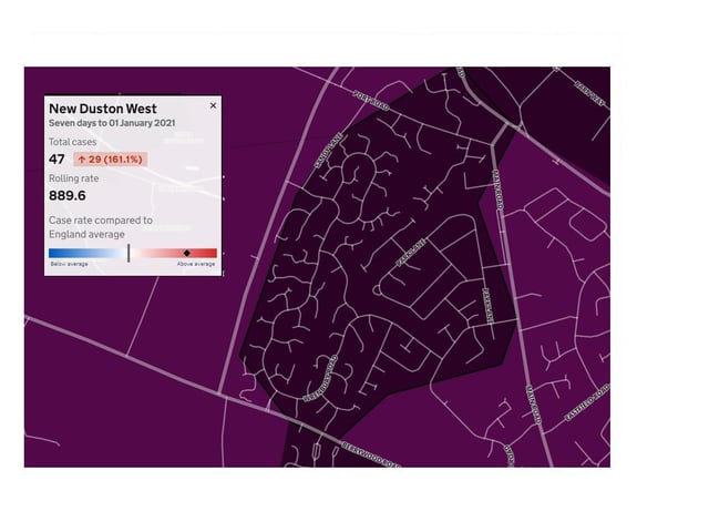 New Duston West — 47 new cases in seven days to January 1, 2021, which is 29 more than the previous week, an increase of 161.1 per cent
