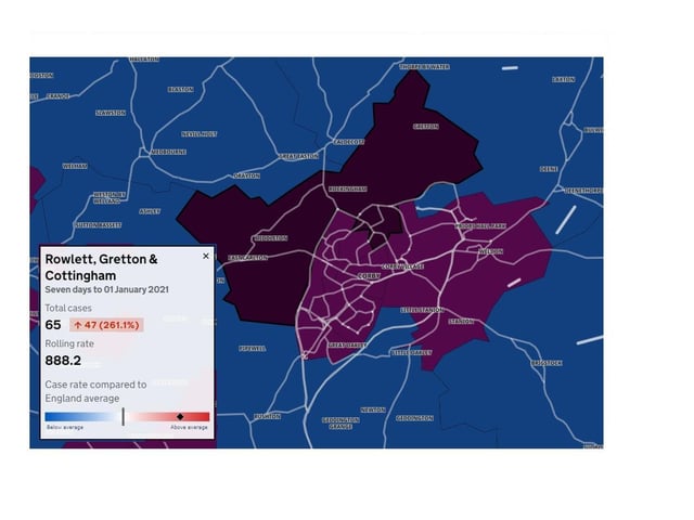 Rowlett, Gretton & Cottingham — 65 new cases in seven days to January 1, 2021, which is 47 more than the previous week, an increase of 261.1 per cent