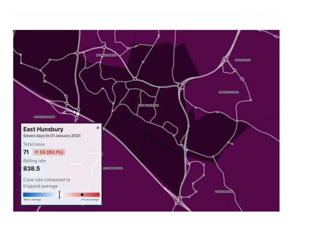 East Hunsbury — 71 new cases in the seven days to January 1, 2021, which is 71 more than the previous week, an increase of 82.1 per cent