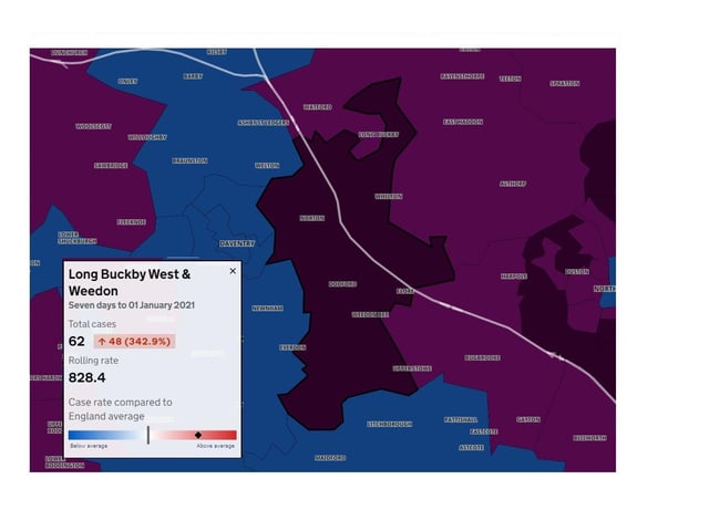 Long Buckby West & Weedon — 62 new cases in seven days to January 1, 2021, which is 48 more than the previous week, an increase of 342.9 per cent.