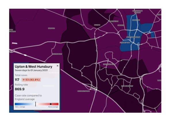 Upton & West Hunsbury — 117 new cases in the seven days to January 1, 2021 which is 52 more than the previous week, an increase of 82.8 per cent