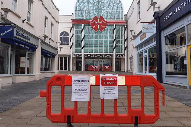 The Regent Street entrace to the Royal Priors remains closed but signs are in place to show people which businesses conntected to the shopping centre are still open for takeaway, click and collect or home delivery during 'Lockdown 3.0'.