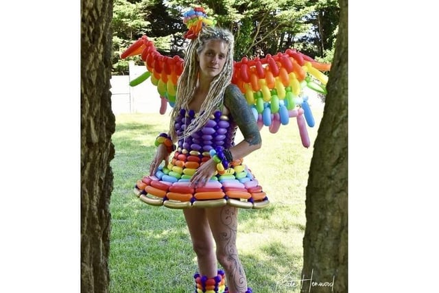 Trish Murrell wrote: "My lockdown birthday balloon dress, wings, hat and boot coverings made by Nick Cook Circus Entertainer Performer."
