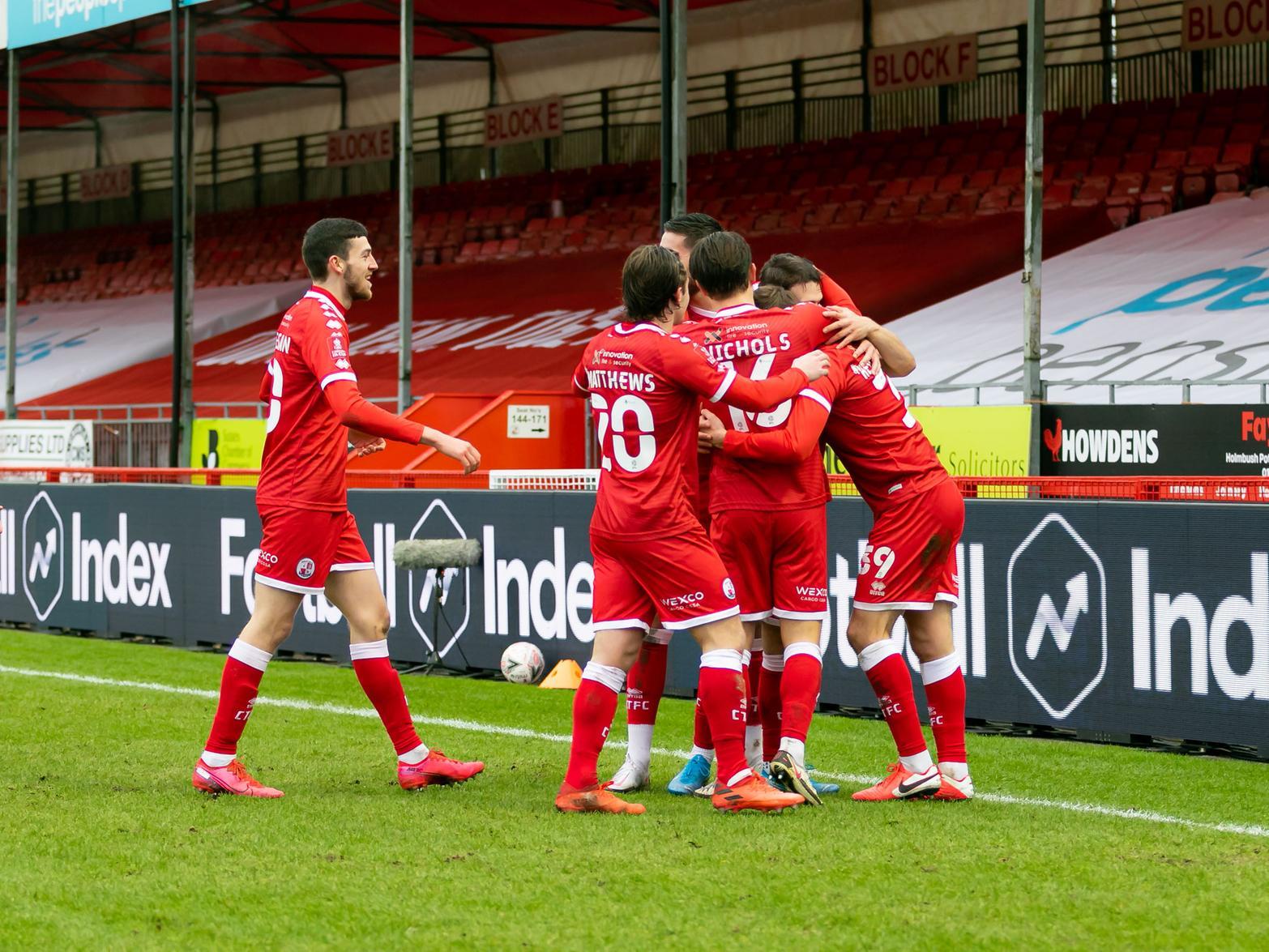Crawley Town players celebrate the opener. Picture by UK Sports Images Ltd
