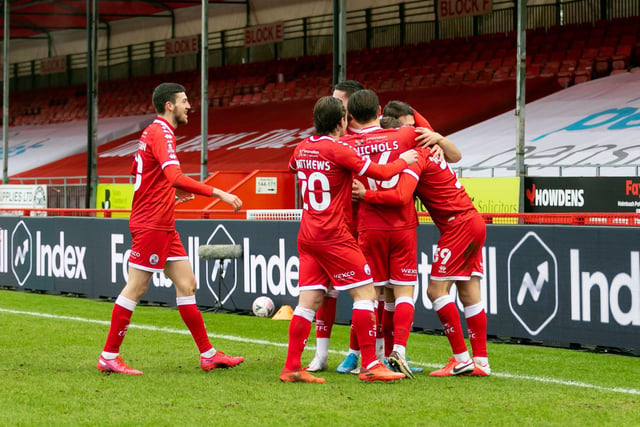 Crawley Town players celebrate the opener. Picture by UK Sports Images Ltd