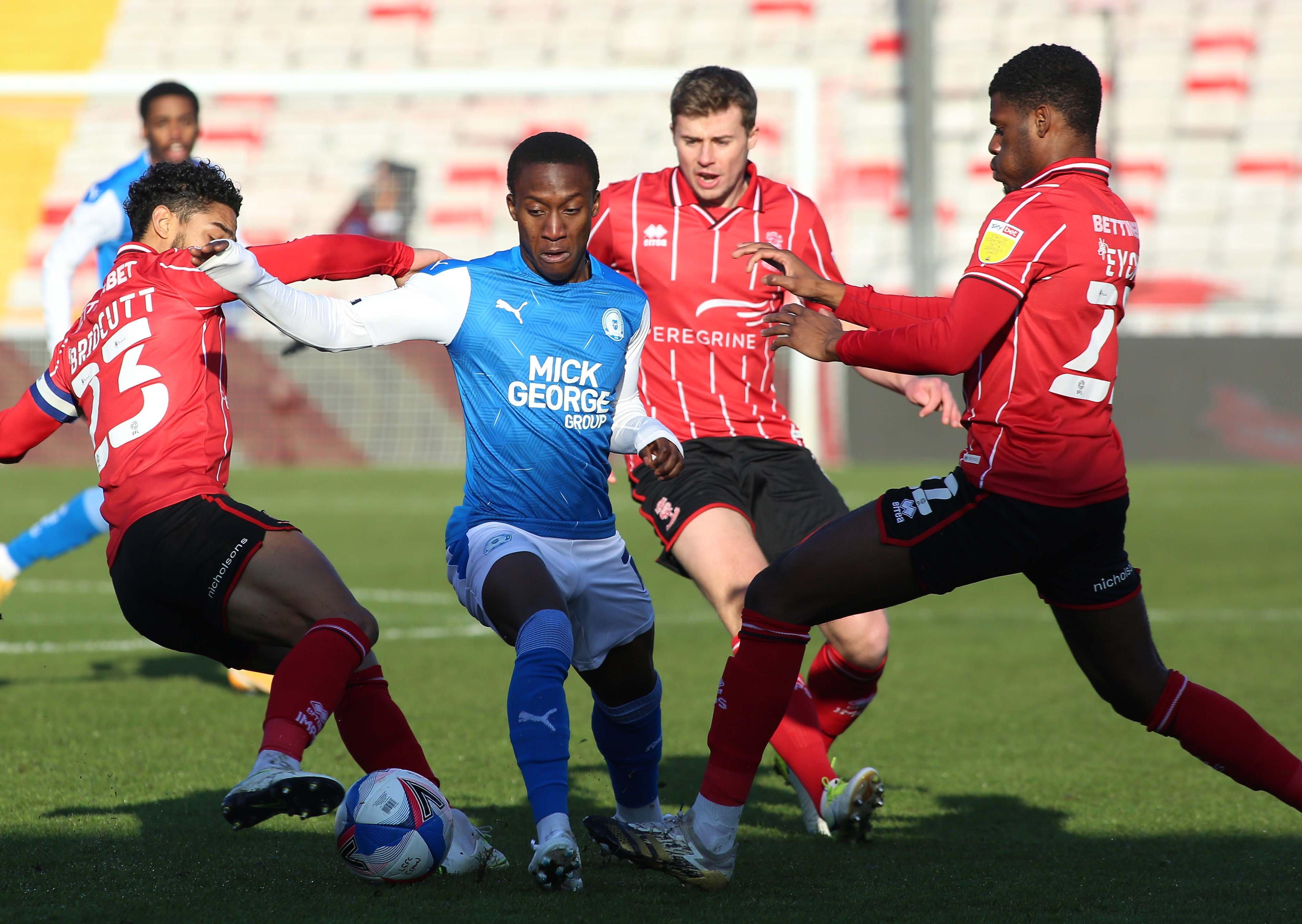 Siriki Dembele in action for Posh at Lincoln on Saturday. Photo: Joe Dent/theposh.com.