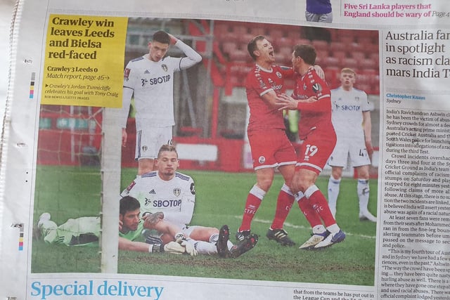 The back page of the Guardian pictures Tony Craig celebrating with Jordan Tunnicliffe
