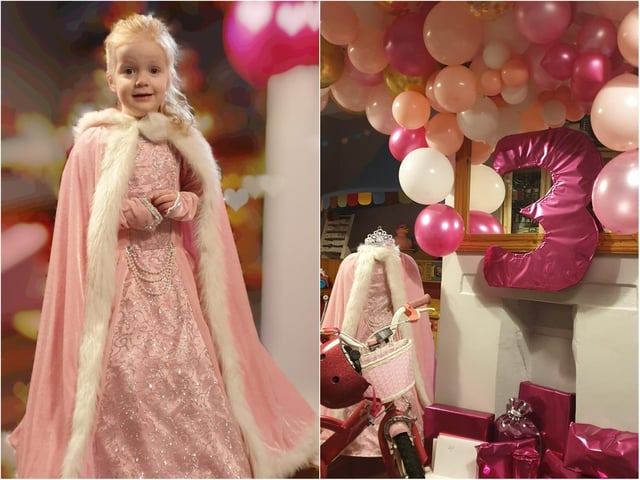 Claire Button's daughter became a pink princess for her third birthday and was gifted with a special new gown and bicycle, which fitted in perfectly with her colour of choice.