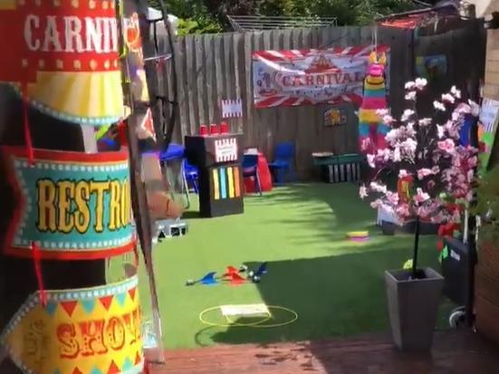 Claire Gill created a carnival-themed party for her nine-year-old son, Bradley. She made all of the props in the first lockdown in her garage and aptly called the family party 'Brad Fest', which had handmade mini golf and a piñata.