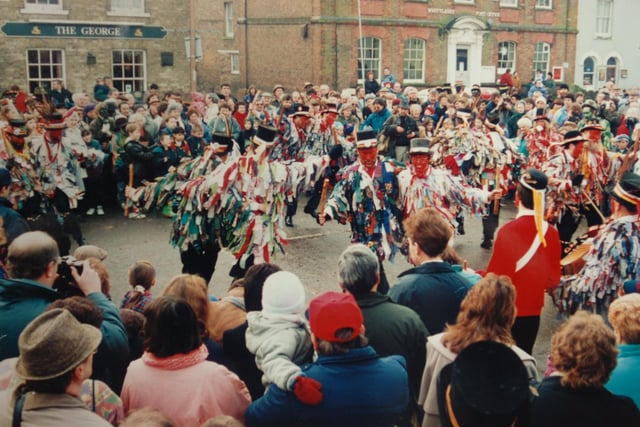 Straw Bear morris dancers at the Buttercross , Whittlesey, in 1994.