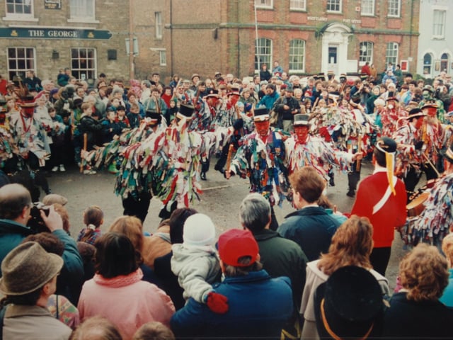 Straw Bear morris dancers at the Buttercross , Whittlesey, in 1994.