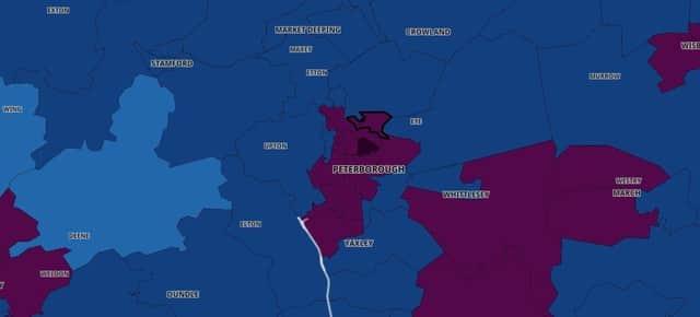 Map of Peterborough showing how many cases in each neighbourhood (darker colours have more cases)