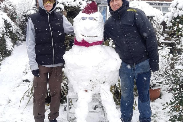 Julie Upton Pendered's family made a snowman with legs in Higham Ferrers!