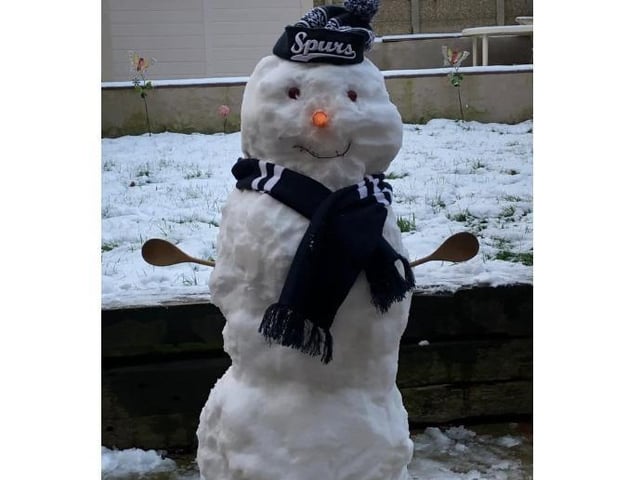 Jules Harris created a Spurs mascot with the snow in her garden in Hemel Hempstead