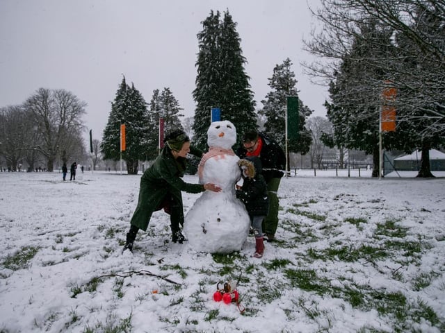 Mikey, Coco and Hannah Austin-Riley make a snowman in Becket's Park. Photo: Leila Coker