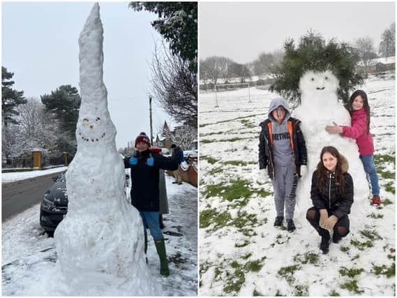 Alex Bird with his very tall snowman (left) and Evie, Bella and Chloe with their snowman in Northampton. Photo: Mel Darby