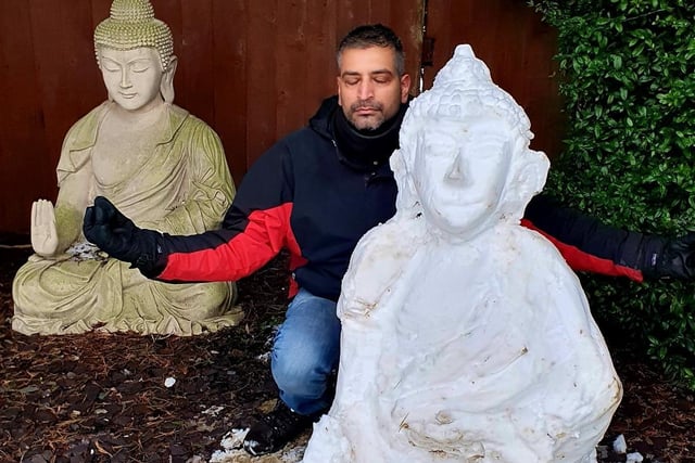 Piyus Tanna-Shah with his snow Buddha. Photo: Sheena Tanna-Shah