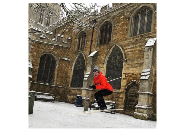 Ed Moncrief, local dentist, gets his skis out to enjoy the snow in Harborough (photo by Sharon Baseley).