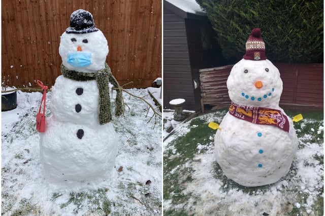 Two top notch snowmen, one ready for covid-safe shopping by Mandy Atkins' daughter Gracie in Northampton on the left, and another supporting the Cobblers by Steve Amos